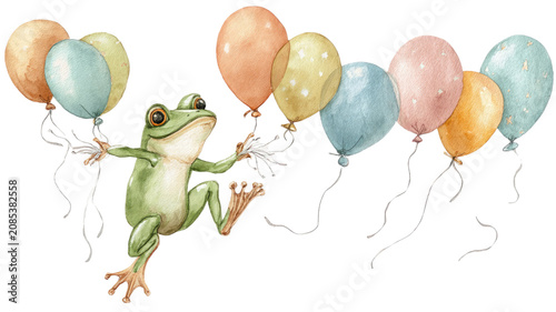 Colorful happy birthday balloons cartoon illustration with festive party decoration, celebration concept for children, fun holiday vector isolated with animal toy elements