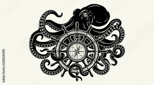 Giant Octopus Black Silhouette Vector Wrapping Vintage Compass and Ship Wheel Nautical Design