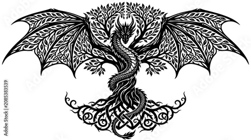 Celtic Dragon Black Silhouette Vector Woven into Intricate Knot Pattern with Symmetrical Ornamental Design