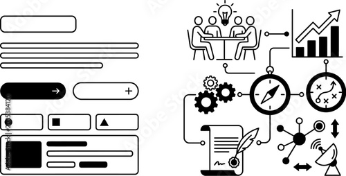 Icons representing business planning and strategic development are displayed in a clean linear style.