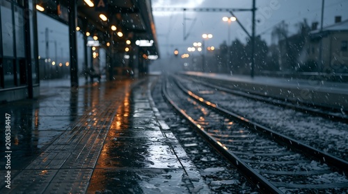 Empty Train Station Platform Rainy Snowy Winter Night Scene Railroad Track