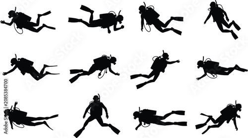 Scuba diver silhouette vector set, isolated underwater swimming people icons on a white background