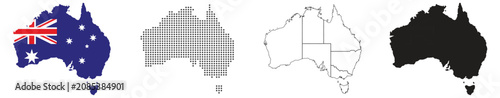 Australia Map Collection with National Flag, Outline, Border, dotted and Black Silhouette Vector Design