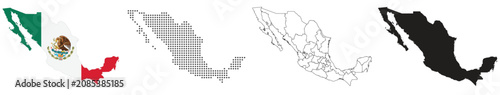 Mexico Map Collection with National Flag, Outline, Dotted and Black Silhouette Vector Design
