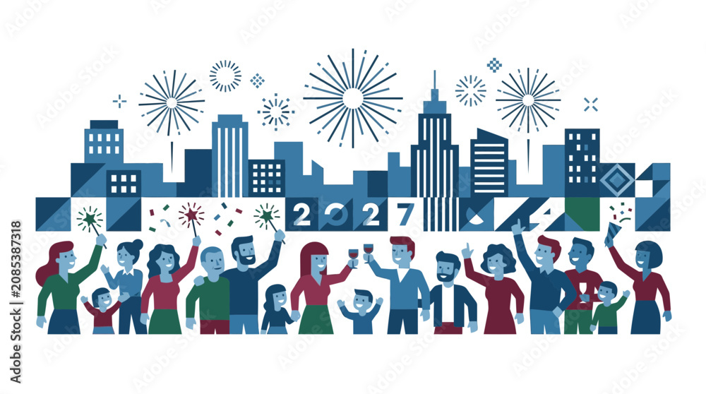 Obraz premium Happy New Year 2027 Celebration with Fireworks and Cityscape