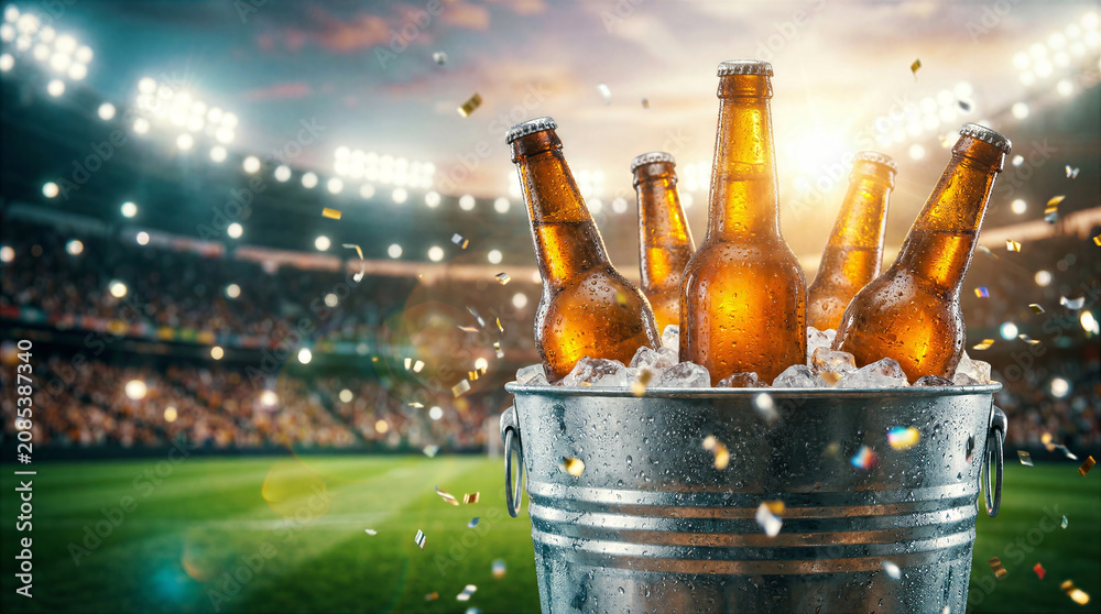 Fototapeta premium Bottles of beer sit in metal bucket filled with ice at sports stadium. Bright lights shine above cheering crowd. Concept of sports events, celebrations, outdoor gatherings