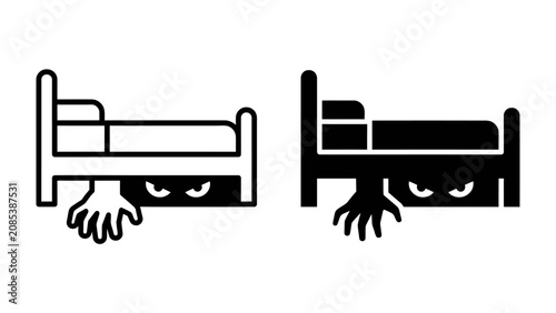 Fotografia Fear Under the Bed: Two stylized icons depict a hand and eyes peering out from under a bed, conveying a sense of unease, suspense, and childhood fear of the dark or what lurks beneath