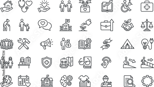 Editable Social Service and Healthcare Outline Vector Icon Set for Community Support Concepts