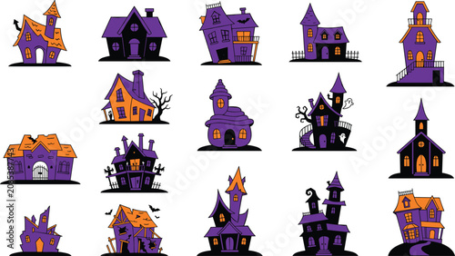 Fényképezés Halloween haunted house icon collection featuring spooky cottages creepy mansion