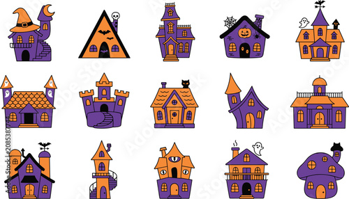 Принти на полотні Halloween haunted house icon collection featuring spooky cottages whimsical mans