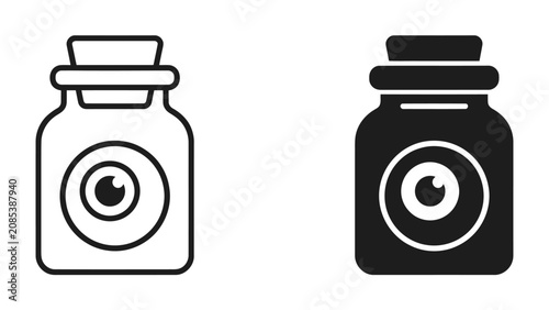 Fotografie Jar with an Eye Inside: A simple illustration shows two glass jars, one outlined and one solid black, each containing an eye graphic
