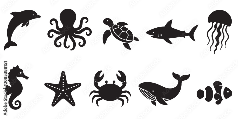 Fototapeta premium Black Sea Creatures Icon Set, Ocean Animals Illustration. A collection of black silhouette icons featuring various sea creatures on a white background.