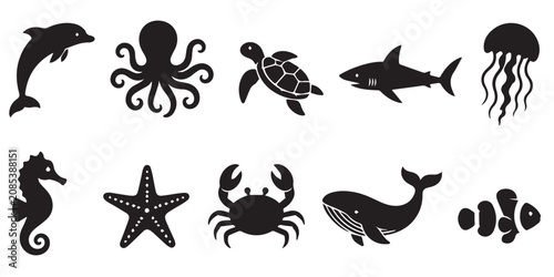 Bild auf Leinwand Black Sea Creatures Icon Set, Ocean Animals Illustration