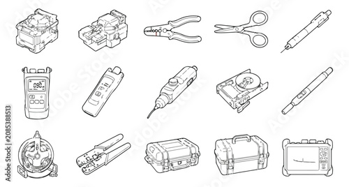 Cuadro en lienzo Fiber optic technician tools set, 15 isometric line icons of telecommunication e