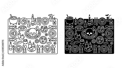 Obraz na płótnie Spooky Table Setting: A macabre and eerie table setting features a skull centerpiece surrounded by unsettling dinnerware, cutlery, and decorative items, hinting at a dark and mysterious feast