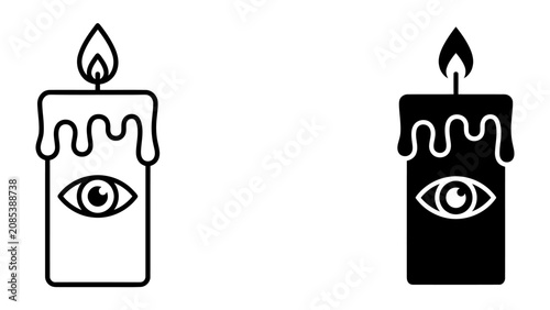 Canvastavla Mysterious Candles with Eye Symbol: Two stylized candles, one outlined in black and the other solid black, featuring a watchful eye emblem and a flickering flame, casting an enigmatic aura
