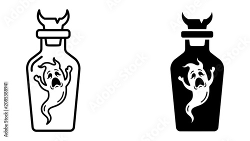 Obraz na płótnie Ghost in a Bottle: Two illustrations, one outlined and one solid black, depict a frightened ghost trapped inside a bottle with cork and horns