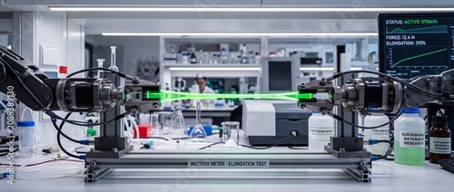 Robotic arm gripping material during high precision elongation stress test in laboratory environment with data monitoring display