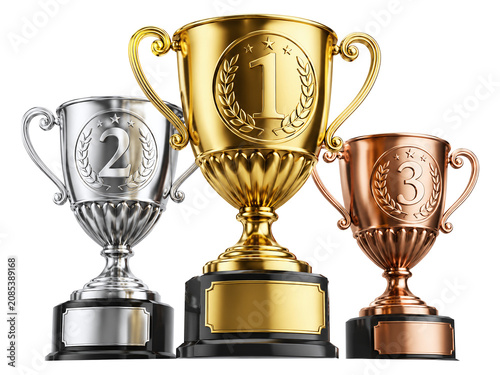 Gold Silver and Bronze Trophy Cups Set, 1st 2nd 3rd Place Award Trophies for Winners, Championship Celebration Ceremony Elements Isolated on Transparent Background