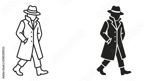 Schilderij op canvas Stylish Detective in Fedora and Trench Coat: Two minimalist illustrations, one outlined and one silhouetted, depict a mysterious figure in a fedora hat and long trench coat
