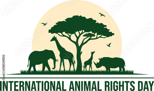 Quadro su tela International Animal Rights Day Silhouette Design with Wild Animals and Tree in