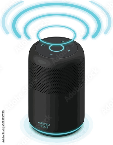 Black Bluetooth Speaker with Blue Accents Emitting Wi-Fi Signal