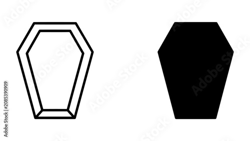 Photography Coffin Icon Set: A simple yet evocative set featuring a line art outline of a coffin alongside a solid black silhouette of the same shape, symbolizing finality and remembrance