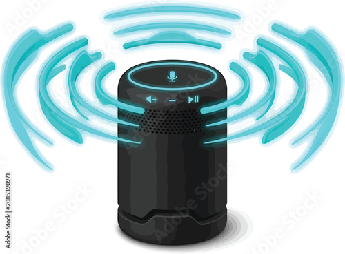 Black Bluetooth Speaker Emitting Blue Sound Waves on White Background