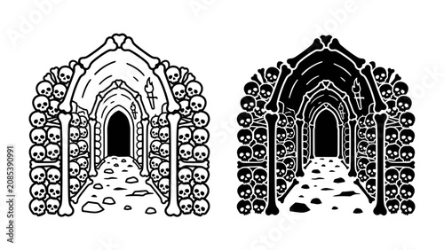 Foto Catacombs of Bones: A haunting illustration depicting a dark passageway lined with human skulls and bones, casting an eerie shadow under the dim light, creating a macabre and mysterious atmosphere