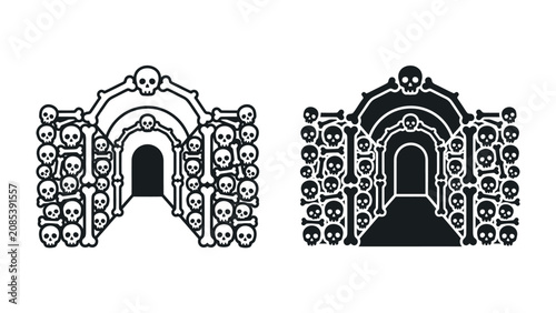 Konstfotografi Osseous Archway and Corridor: A striking illustration of an archway and corridor constructed entirely from human bones and skulls, creating an eerie and macabre entrance