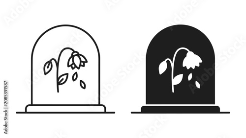 Quadro su tela Dying Flower in Bell Jar: An illustration of a wilting flower encased in a bell jar, symbolizing fragility and the passage of time, presented in both line art and silhouette forms