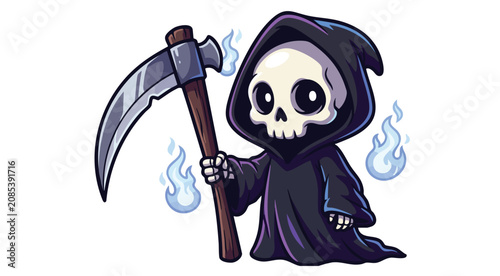 Foto Cute cartoon grim reaper character with scythe and blue flames