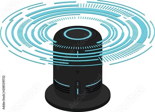 Black Air Purifier with Blue Light on White Background