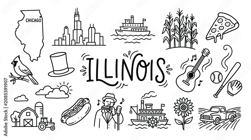 Obraz premium Illinois doodles illustration featuring landmarks, food, and culture representing Chicago’s skyline, Route 66, and Midwestern heritage