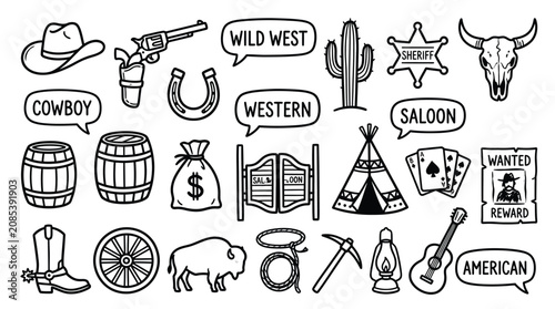 Φωτογραφία Wild West doodles illustration featuring cowboy culture, frontier life, and icon
