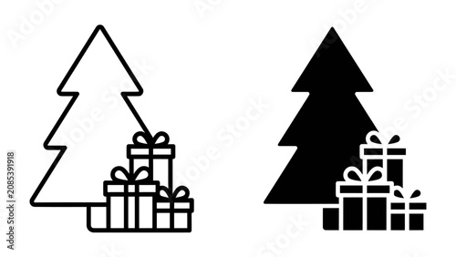 Bild auf Leinwand Christmas Tree and Gifts Icon: A festive graphic representing a Christmas tree accompanied by several wrapped gift boxes