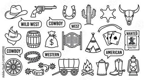 Φωτογραφία Wild West doodles illustration featuring cowboy culture, frontier life, and icon