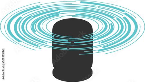 Black Cylinder with Blue Swirling Lines on White Background