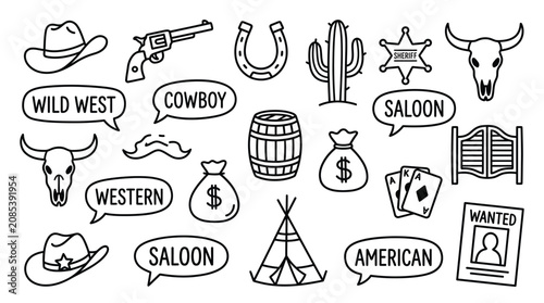 Εκτύπωση καμβά Wild West doodles illustration featuring cowboy culture, frontier life, and icon