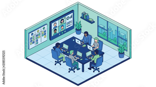 Collaboration of a Diverse Team in a Modern Hybrid Meeting Room Engaging in a Virtual Video Conference and Project Management Tasks