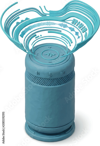 Teal Bluetooth Speaker Emitting Sound Waves on White Background