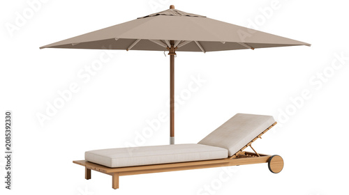Fotografie Teak wood chaise lounge with beige cushion and umbrella