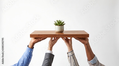 Diverse Hands Holding Wooden Shelf with Succulent Growth Concept