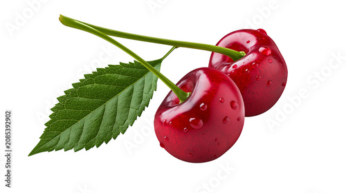 Obraz na plátně Two ripe red cherries with water drops and green leaf