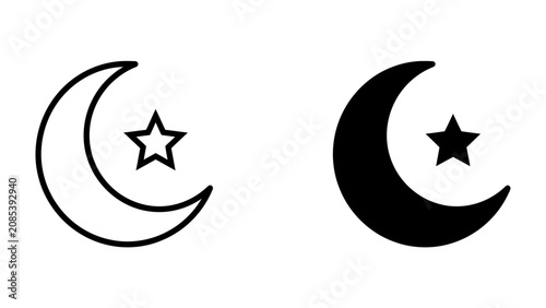 Tableau sur toile Crescent Moon and Star Icon: A minimalist graphic featuring a crescent moon alongside a star, presented in both outline and solid black versions, symbolizing celestial bodies or religious affiliation