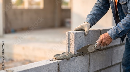 Mason Building a Wall with Concrete Blocks and Mortar on Site
