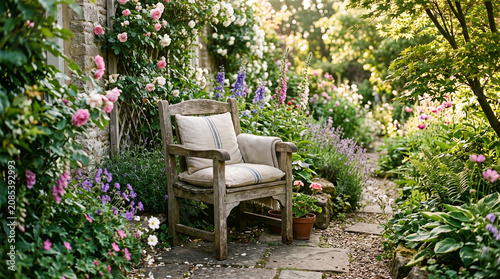 Peaceful Outdoor Sitting Area in a Blooming Summer Garden with Wooden Chair and Floral Borders