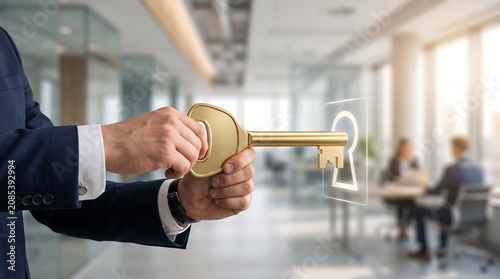 Business Professional Holding Golden Key to Unlock Virtual Keyhole