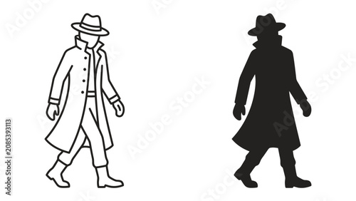 Schilderij op canvas Detective Silhouette: A man in a trench coat and fedora hat walks confidently, depicted in both a line drawing and a solid silhouette, evoking mystery and intrigue
