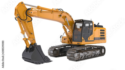 Foto Yellow excavator with black cabin and bucket on tracks